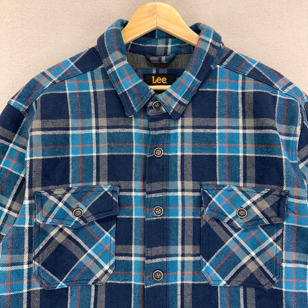 Lee Flannel Blanket Shirt Mens L‎ Blue Plaid Button Up Shacket Regular Fit Thick